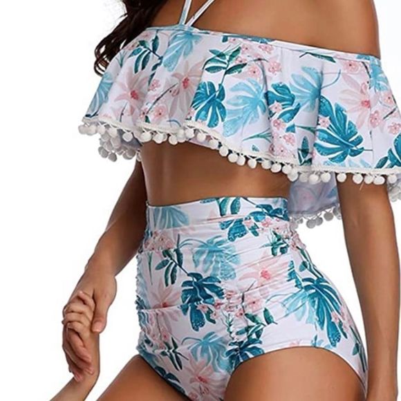 ⭐️tassel Halter Palm Print Off Shoulder Flounced Ruched High Waist Bikini Set⭐️ - Picture 2 of 12